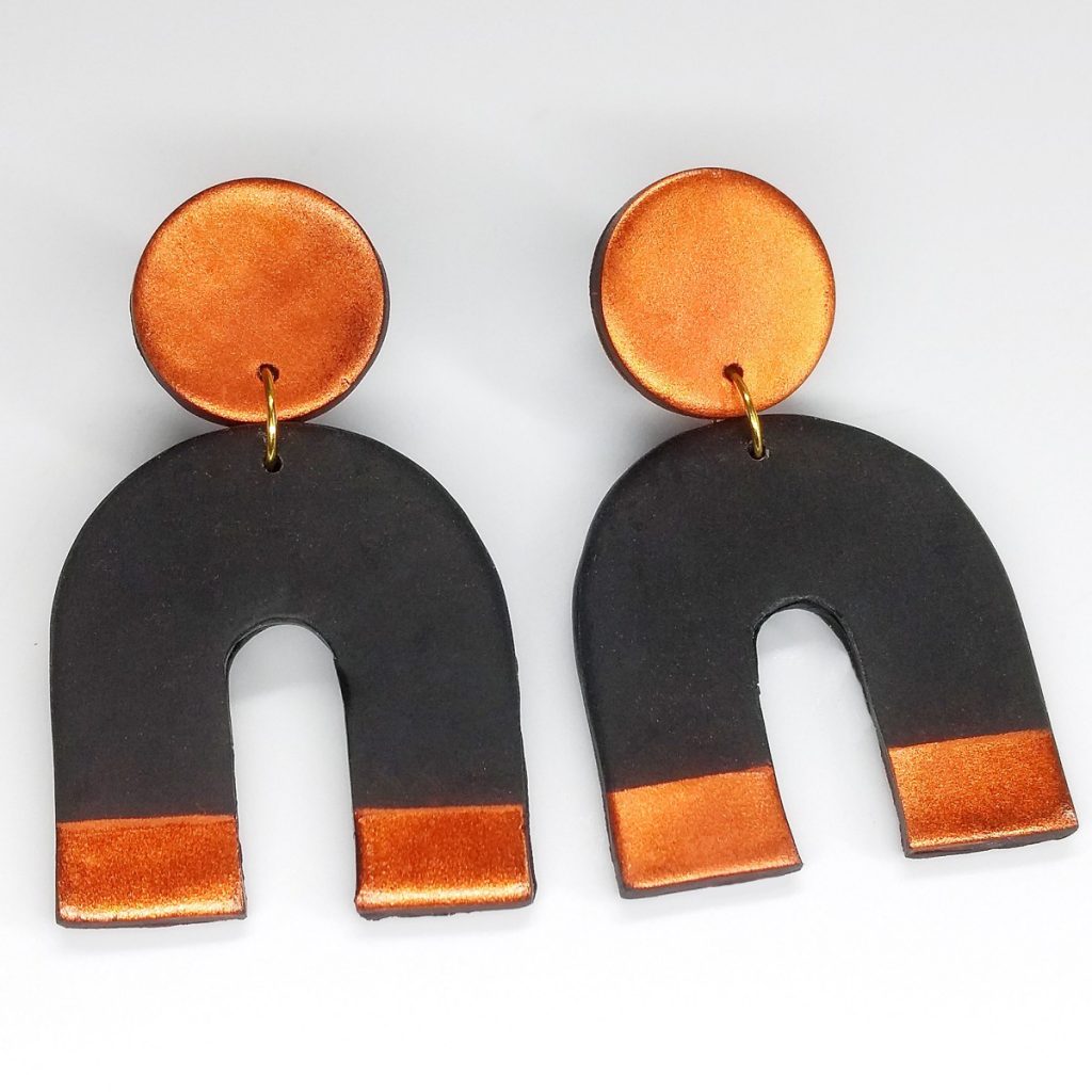 Polymer clay earrings accented with Hot Copper a new Pearl Ex color.