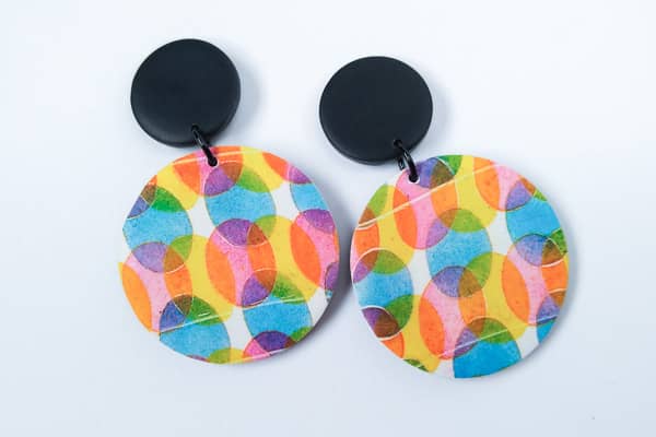 Polymer clay earrings with color separation dot pattern