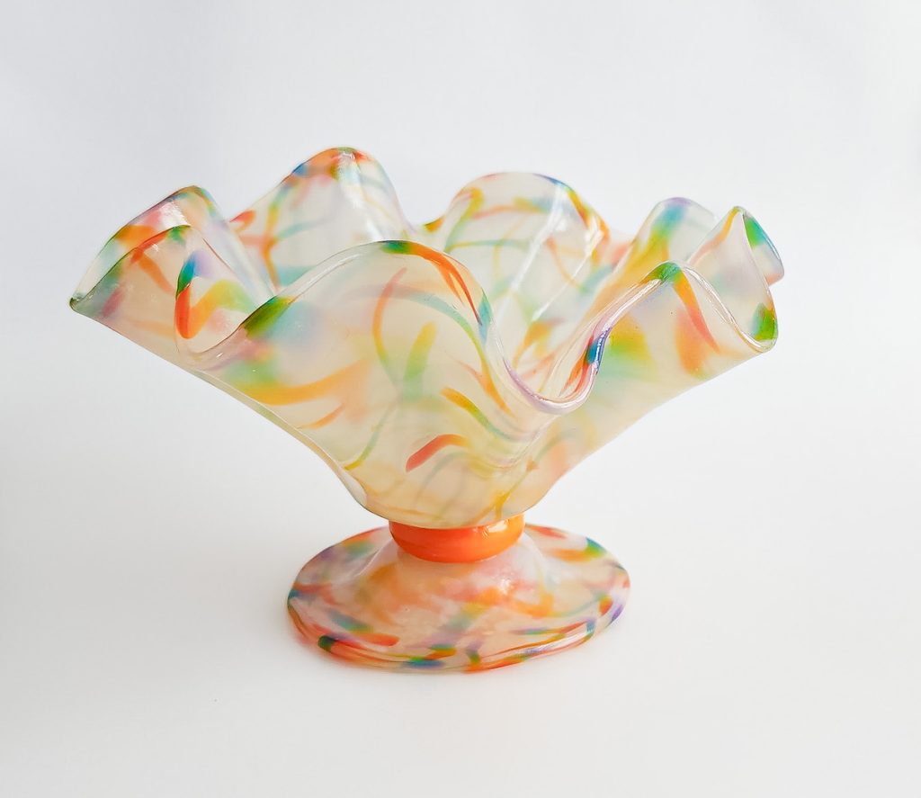 Colorful bowl made with Cernit translucent polymer clay.