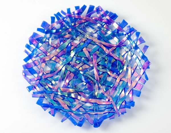 Polymer clay wall art called Color Ribbons in blue Cernit translucent.