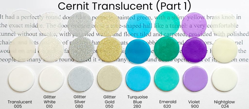 Swatches of baked and unbaked Cernit Translucent polymer clay, showing half of their line of translucent colors.