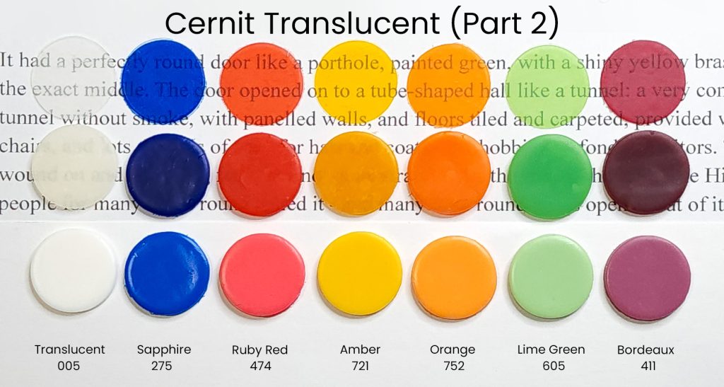 Swatches of baked and unbaked Cernit Translucent polymer clay, showing half of their line of translucent colors.