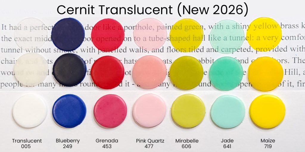 Swatches of baked and unbaked Cernit Translucent polymer clay, showing then new colors that came out in 2026.