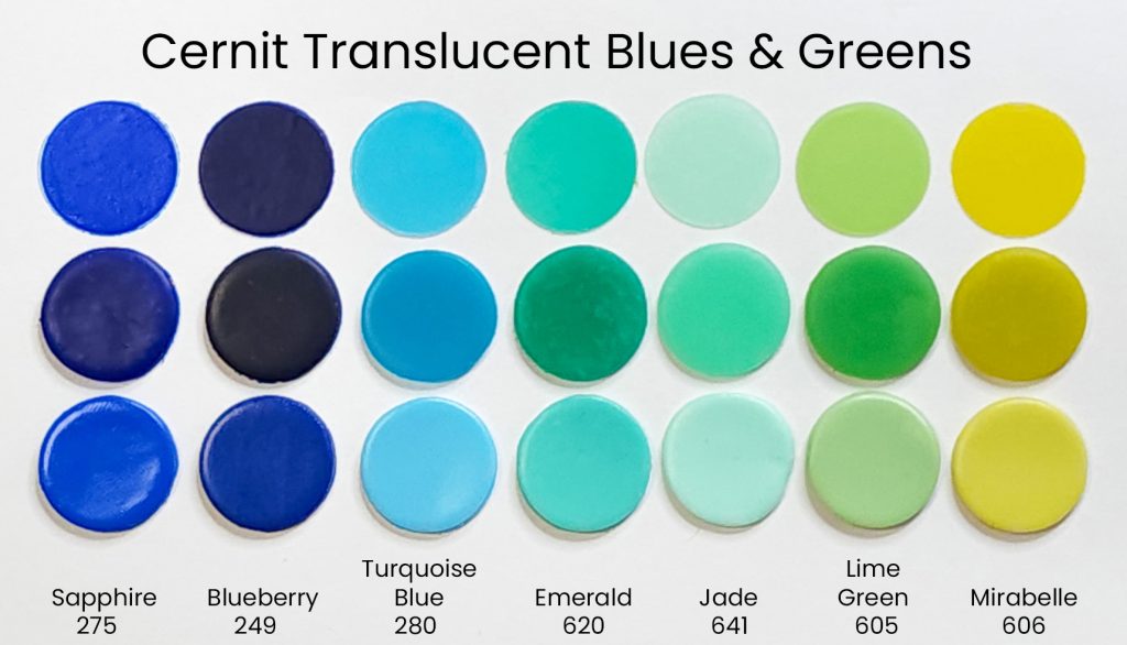 An array of circular swatches of Cernit translucent polymer clay, showing the blue and green colors in their range.