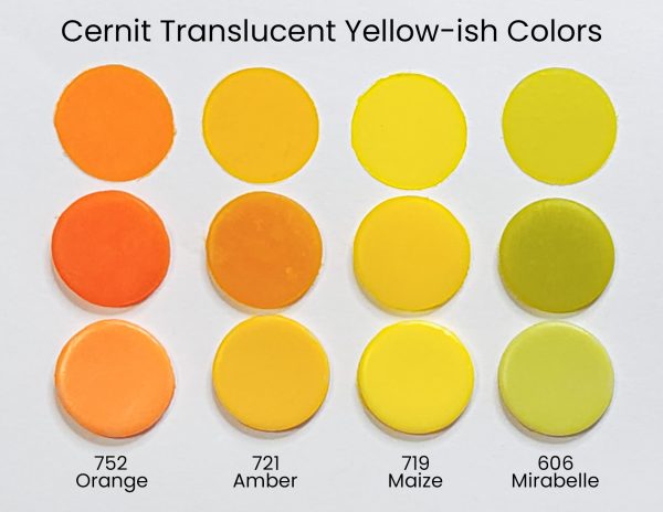 An array of circular swatches of Cernit translucent polymer clay, showing the yellow and orange colors in their range.