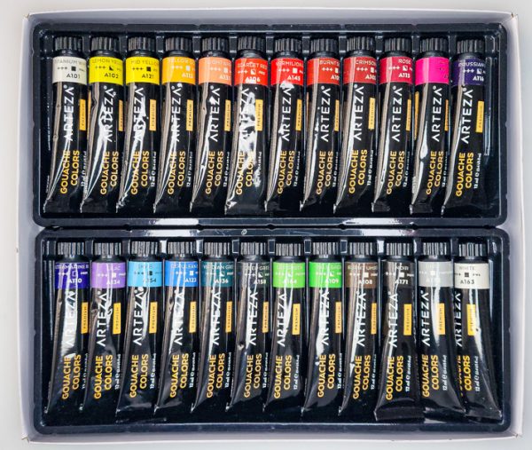 A tray of small tubes of Arteza gouache, a craft quality paint purchased from Amazon.