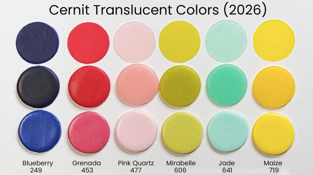 An array of circular swatches of the new Cernit translucent colors of polymer clay.