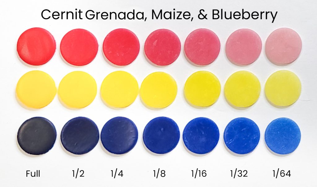 An array of test circles of the new primary Cernit Translucent colors, Grenada, Maize, and Blueberry.