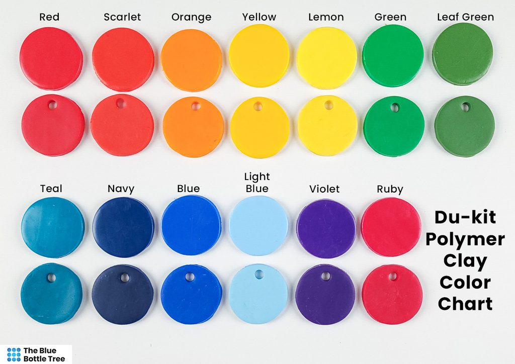 Color swatches of Du-kit polymer clay comparing the color before and after baking.