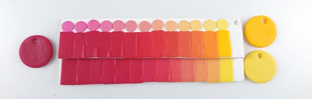 Polymer clay color strips showing the dilution of color from Ruby to yellow with Du-kit polymer clay.