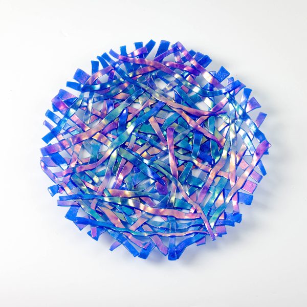 Polymer clay wall art called Color Ribbons in blue Cernit translucent.
